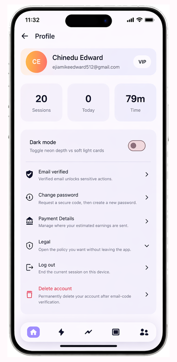 Earnely profile screen showing the delete account option